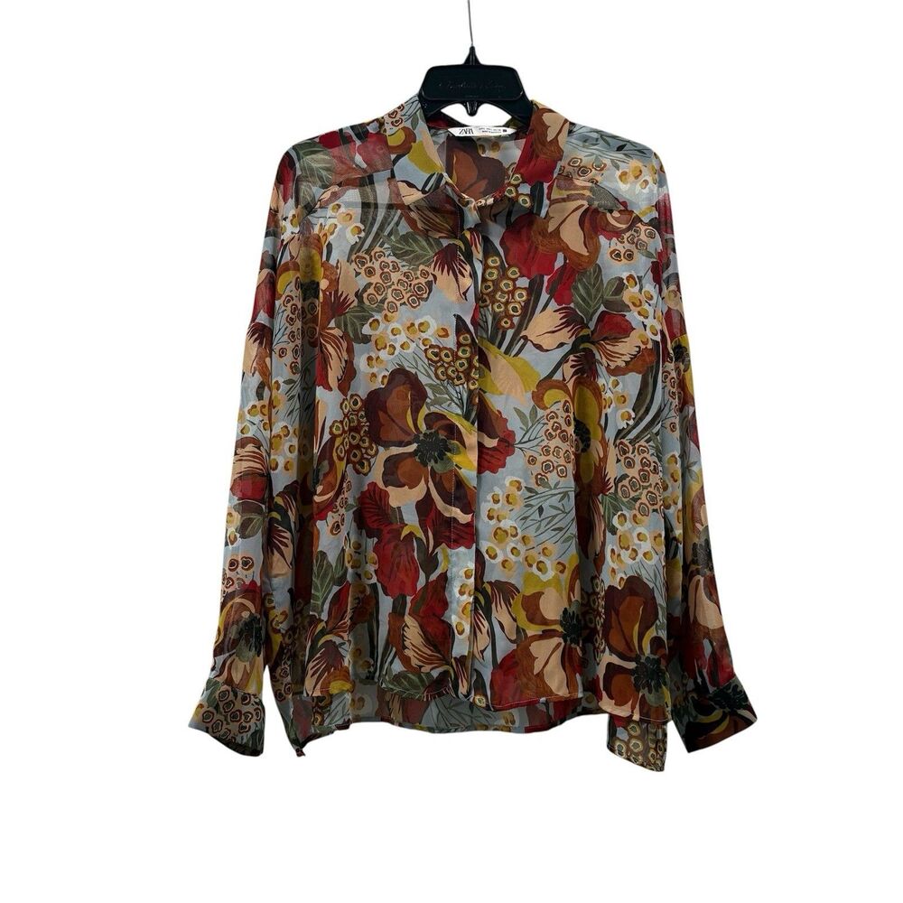 Zara Sheer Fall Floral Blouse Size L Autumn Boho